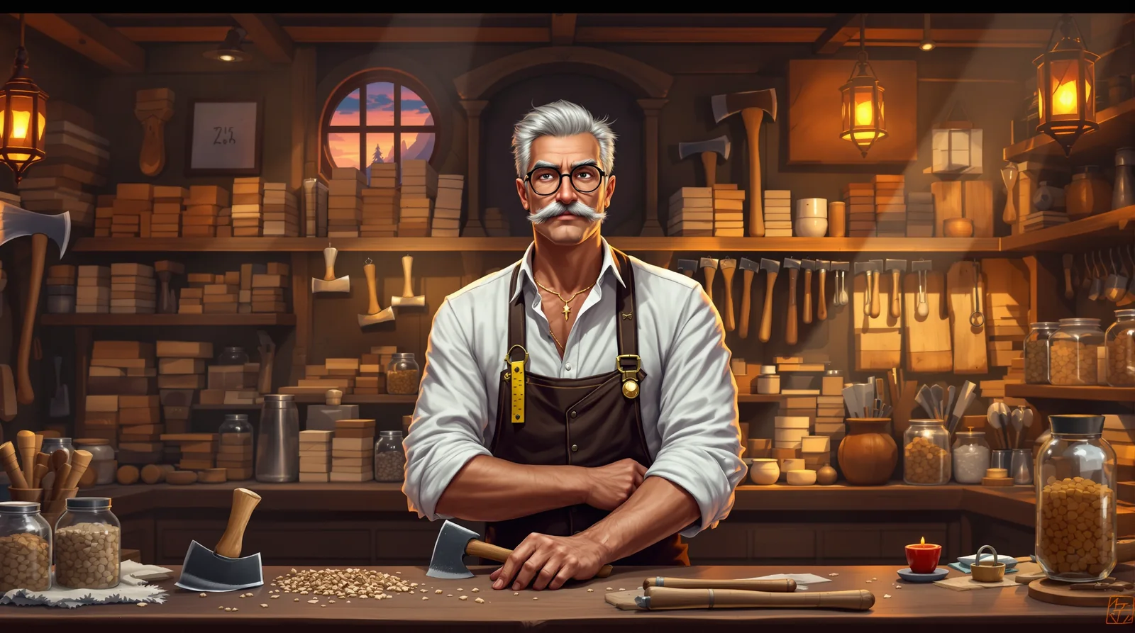 Hollis, a tall silver-haired shopkeeper with spectacles and a curled mustache, behind a lumberyard counter